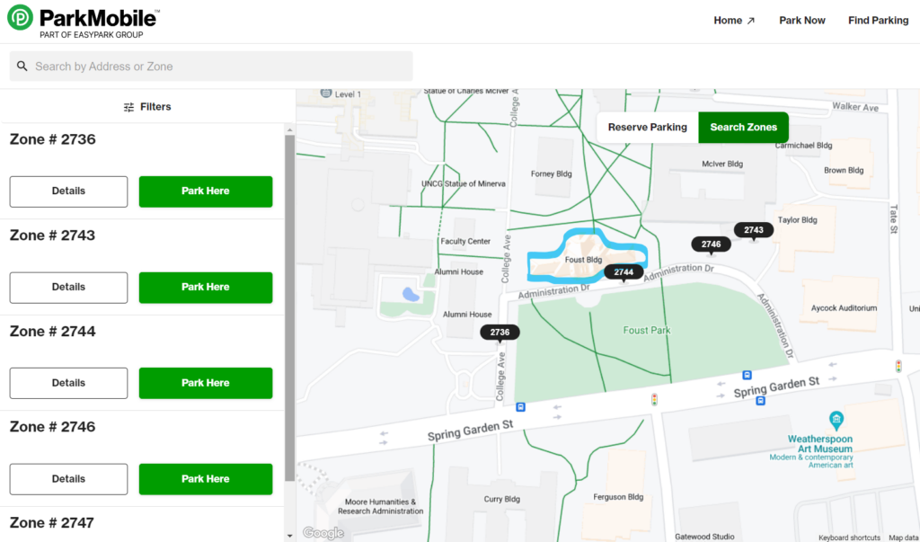 a visual map of paid parking areas available near the Foust building, pulled from ParkMobile.io parking app website.