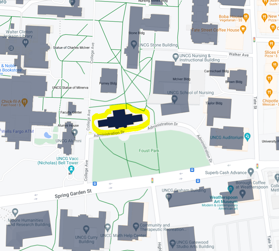 a google map view of part of UNCG campus with the Foust building in darker blue and circled in bright yellow.
